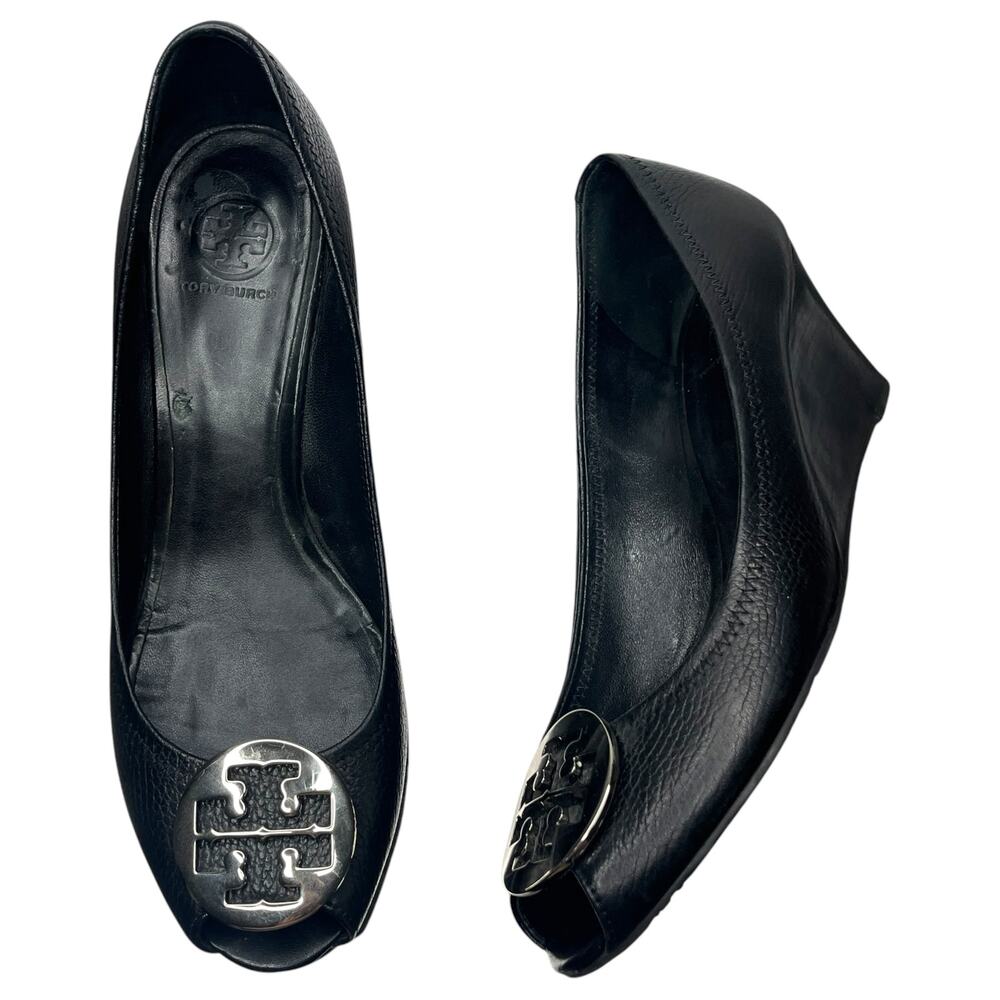 Tory Burch Womens Pumps 12M 42.5 Sally 2 Black Peep Toe Wedge Heel Leather Logo
